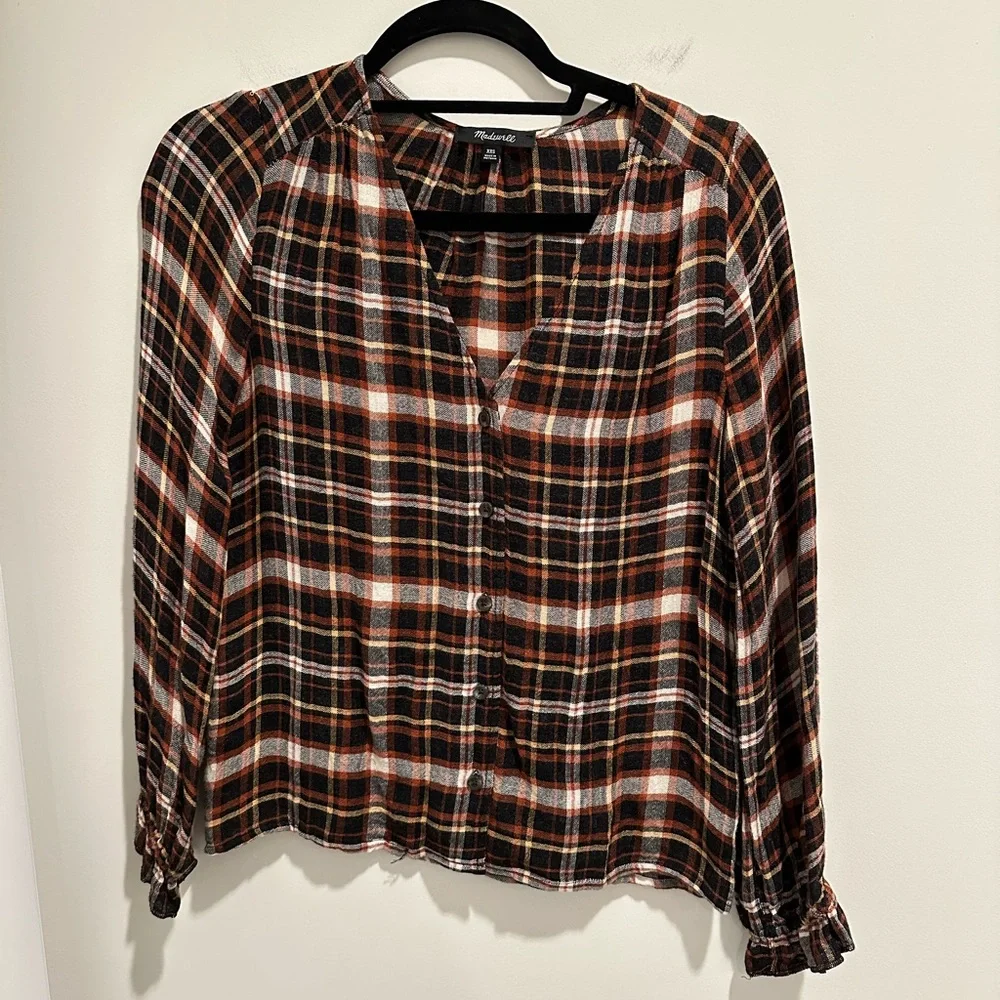 EUC - Madewell Plaid V-Neck Blouse - Black, White, Brown - Picture 5 of 7